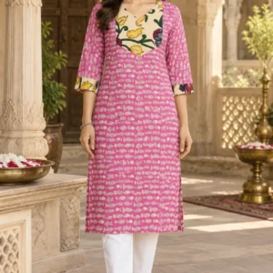 Pure Cotton Bagru Kurta with Beautiful Fish Print and with Pen Kalamkari Patch